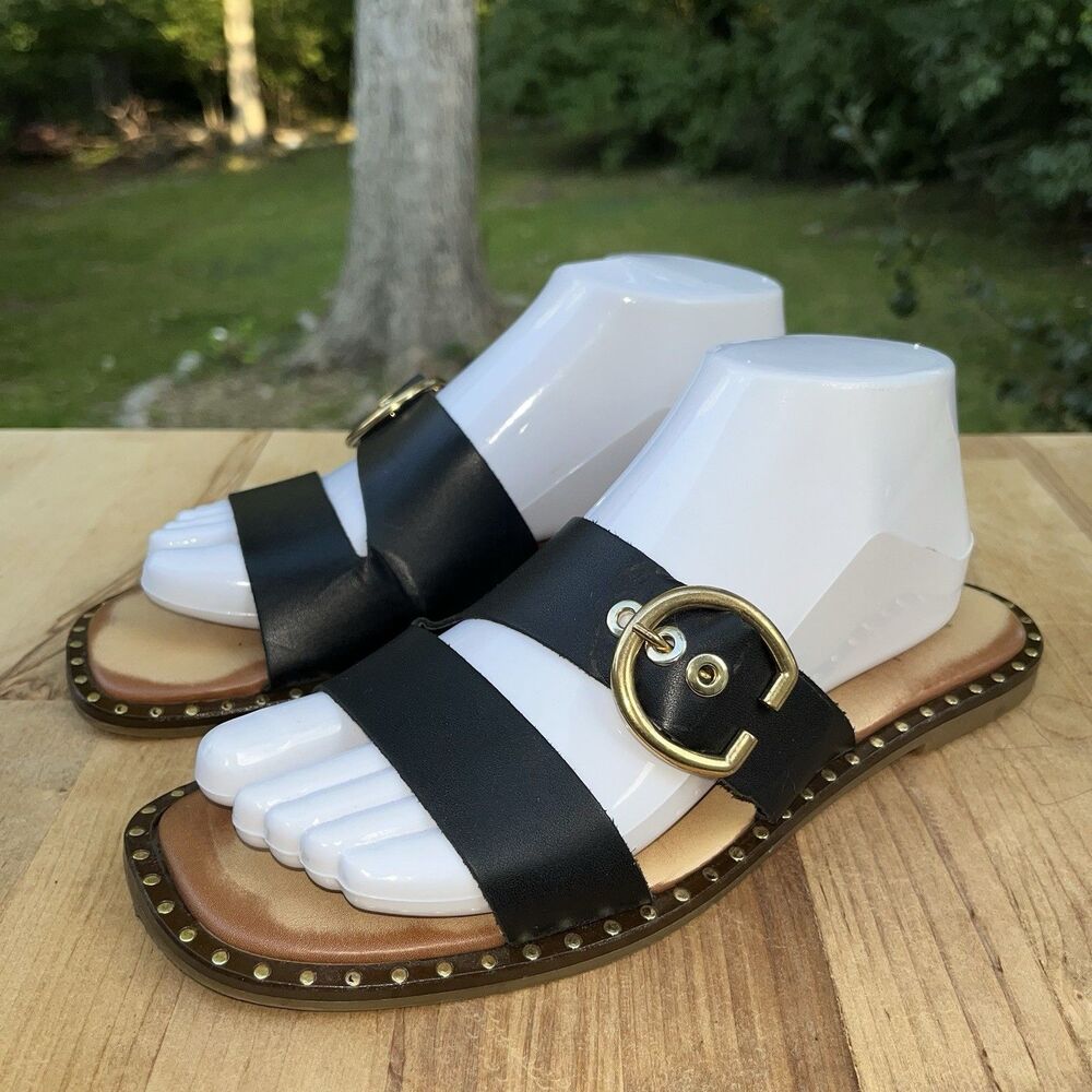 Coach Flat Slide Sandal Size 8 Black Leather Two-Straps Italian Designer Comfy